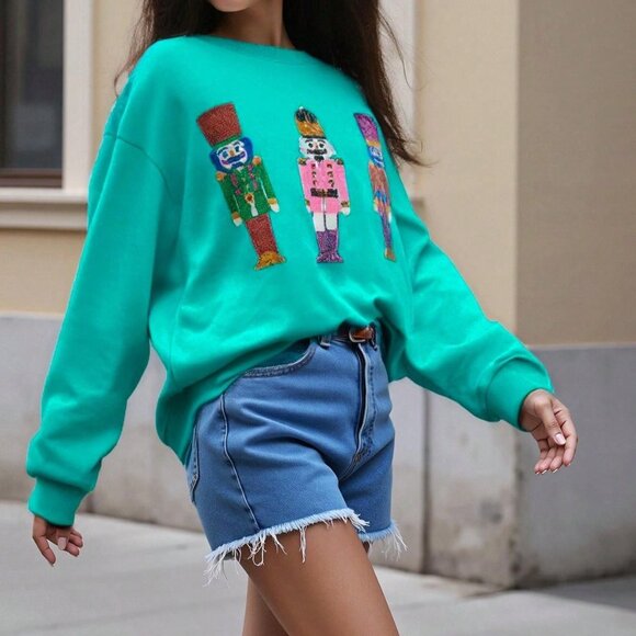 Red Casual Women's Loose Sequin Christmas Crewneck Sweater - Picture 1 of 6